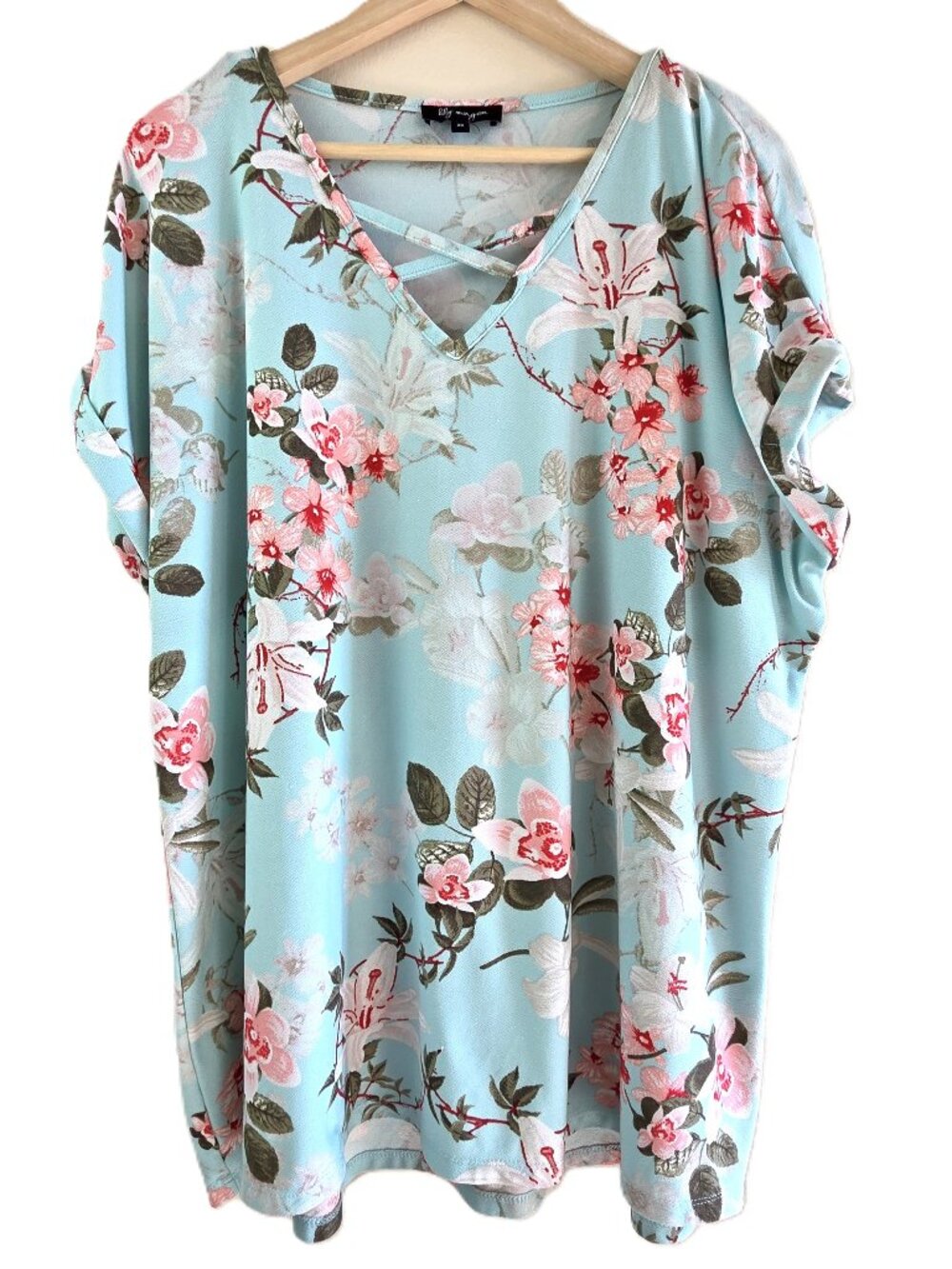 Lily Morgan Floral Tunic Top Cap-Sleeve Criss-Cross V-Neck 2X Pastel (altered)